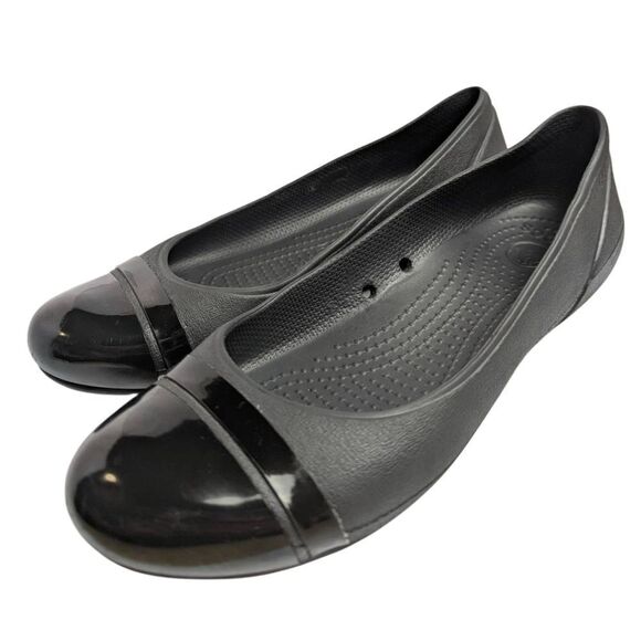 Crocs Black Patent Cap Toe Foam Ballet Flats Womens 8 - Picture 1 of 6